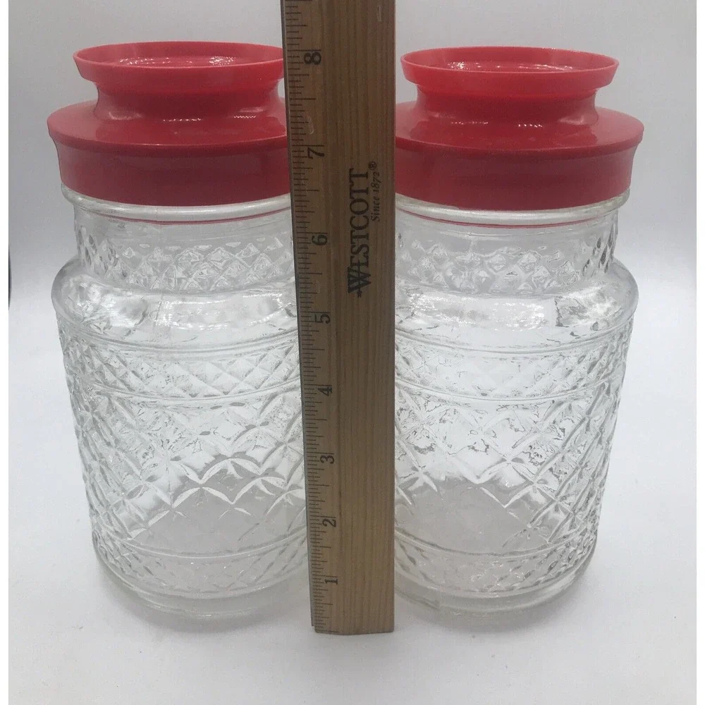 ANCHOR HOCKING GLASS‎ JARS WEXFORD DIAMOND PATTERN RED PLASTIC LID ONE  1 JAR